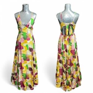Boho Watercolor Maxi Dress Small Summer Festival Tie Back Spaghetti Strap Flowy